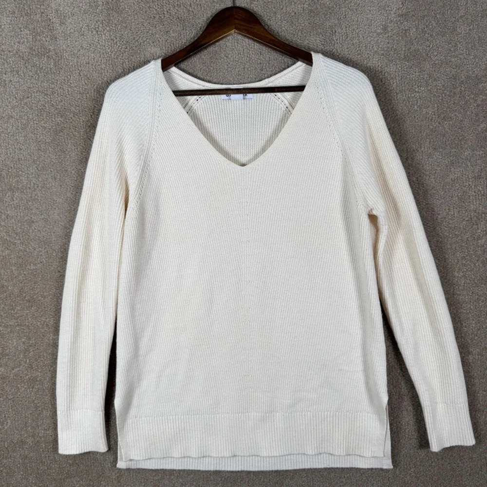 Athleta V-Neck Sweater Womens Small Cream Ribbed Raglan Long Sleeve Pullover